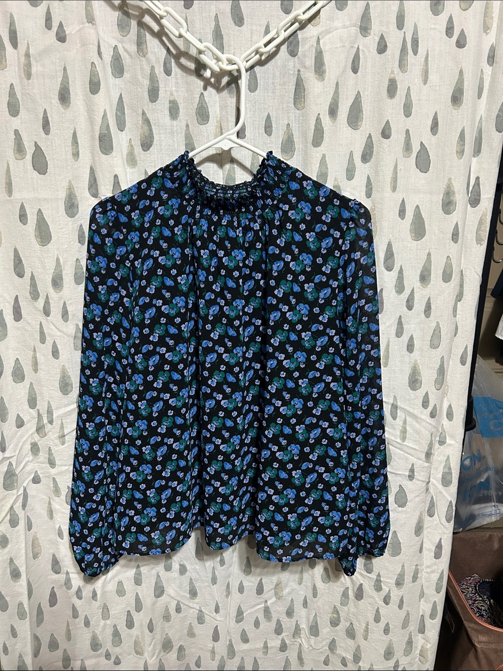 J. Crew Black Blouse with Blue Floral Print